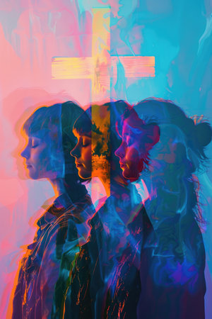 Portrait of a group of girls with a cross in the background.の素材