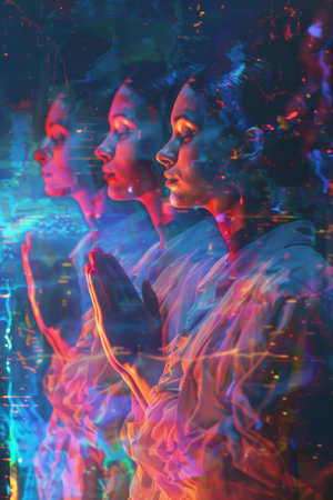 Double exposure of man and woman in the dark with neon light.の素材
