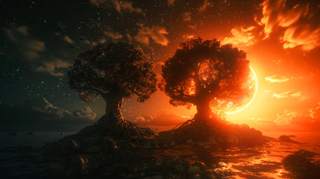 Fantasy landscape with tree and sunset. 3d render illustration.の素材