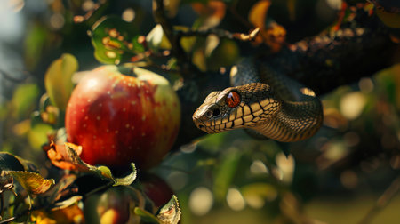 Close-up of a snake on a tree branch with an appleの素材