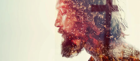 Handsome man with long beard and mustache. Double exposure.の素材