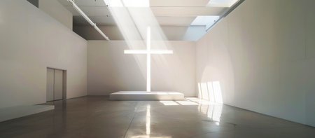Empty, white room with a glowing cross of light on the wall.の素材