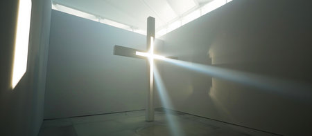 Bright cross in a white room with light coming through the window, 3d render.の素材