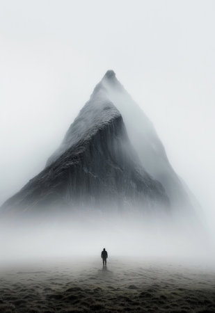 Silhouette of a man standing in the fog, looking at the mountains.の素材
