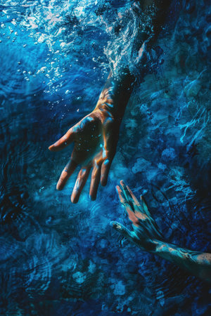 Underwater view of hands reaching out to each other in blue water.の素材