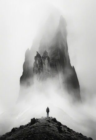 Silhouette of a man standing on top of a rock in the fog.の素材