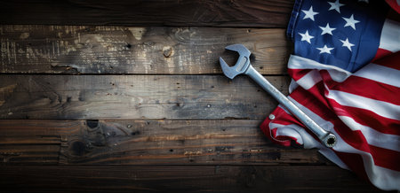American flag and wrench on wooden background with copy space. Labor day concept.の素材