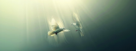 Two doves flying in the sunshine. Concept of peace and love.の素材