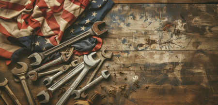 American flag and wrenches on wooden background. Labor day concept.の素材