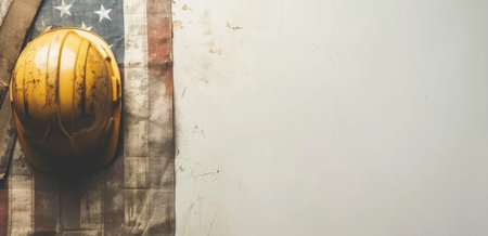 Helmet and American flag. Labor day concept. Copyspace.の素材