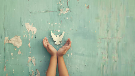 Hands of a child holding a paper dove on a wall backgroundの素材