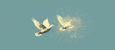 Two white doves flying in the sky with sun rays and blue background.の素材