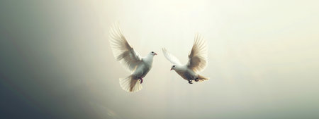 Two white doves flying in the sunshine. Bird with wings spreadの素材