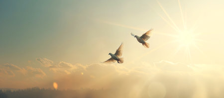 Two doves flying in the sky at sunset.の素材