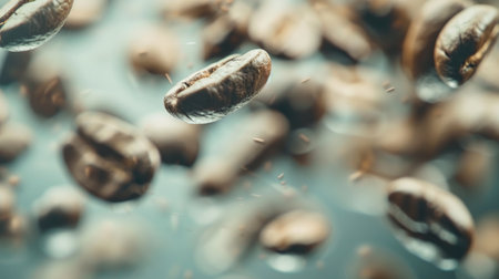 Coffee beans falling into water, close-up, toned.の素材