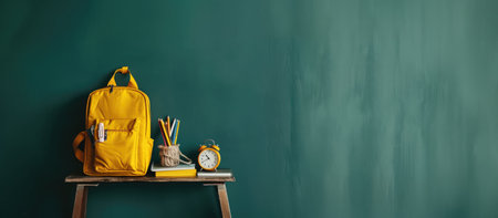 Back to school concept. School supplies on blackboard background. Back to school concept.の素材