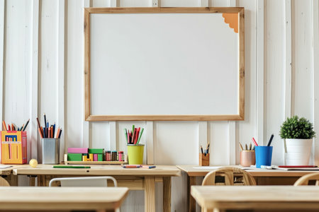 Interior of modern school room with blank white board, education conceptの素材