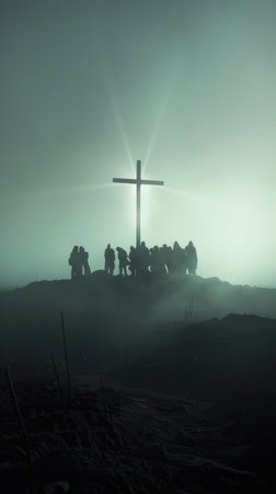 Silhouette of a group of people on top of a mountain with a cross in the fog.の素材
