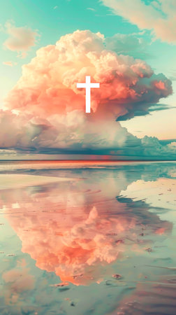 Cross on a background of serene sky with pastel clouds reflecting on water.の素材