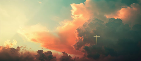 Cross on the background of the heavenly sky with clouds and rays of light. Pastel color palette.の素材