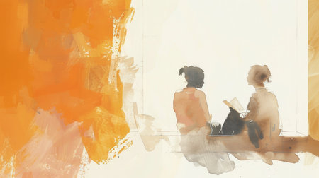 Two girls sitting at the window and reading the Bible. Digital watercolor painting.の素材