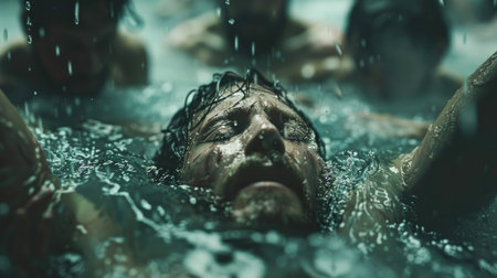 Close up of a man in water under the rain.の素材