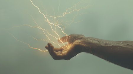 Hand holding lightning on dark background.の素材