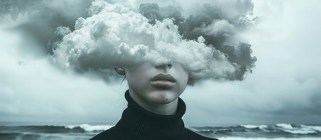 Young woman with cloud in her head against stormy sky over sea.の素材
