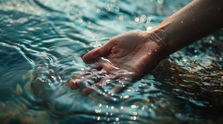Close-up of a hand in the clear water.の素材