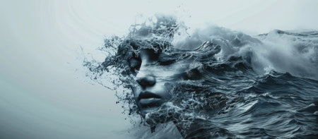 Surreal double exposure portrait of a woman face in the waves. 3d renderingの素材