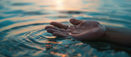 Close up of human hand reaching out to the sun in the water.の素材