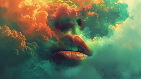 A dreamy portrait of a woman's face intertwined with ethereal clouds.の素材