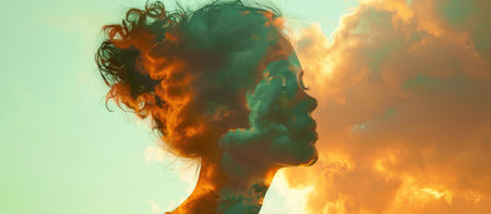 Beautiful silhouette of a woman's head on a background of the sky. Double exposure.の素材