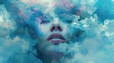 A harmonious blend of a woman's expression and fluffy clouds in a dreamscape.の素材