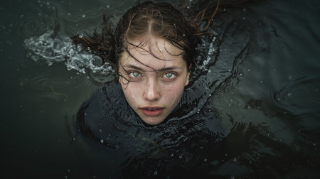 Portrait of a girl in the water on a dark background.の素材