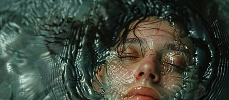 Close-up portrait of a young woman in the water.の素材