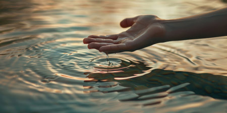 Human hand holding a drop of water on the surface of the water.の素材
