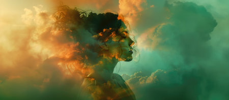 Portrait of a beautiful girl with curly hair in the clouds. Double exposure.の素材