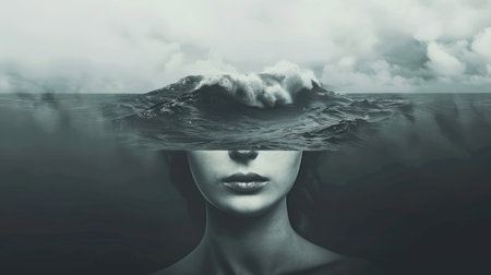 A fusion of human and nature in a poetic underwater scene.の素材