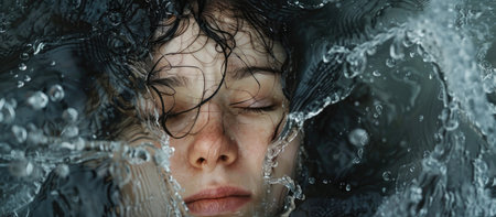 Close-up portrait of a girl in a lake under water.の素材