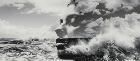 Digital composite of 3D image of face with ocean and cloudy sky.の素材