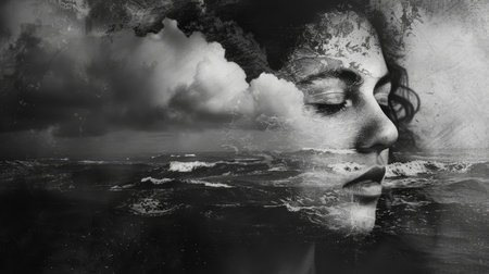 Double exposure portrait of a beautiful woman with closed eyes looking at the ocean.の素材