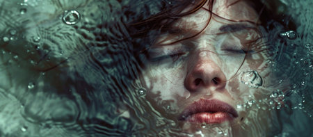 Portrait of a beautiful young woman under water with ripples.の素材
