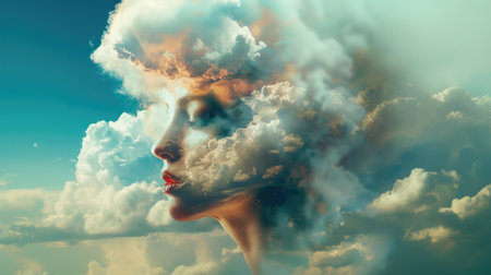 Beautiful woman face with clouds in the sky. 3d rendering.の素材