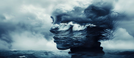 Conceptual 3D illustration of human head in stormy sea. Double exposure.の素材