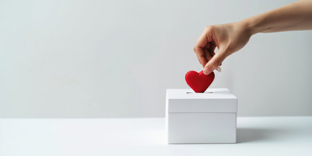 International Day of Charity. Female hand putting a red heart in a ballot box on white background.の素材