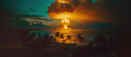 Tropical beach with palm trees and huge explosion at sunset.の素材