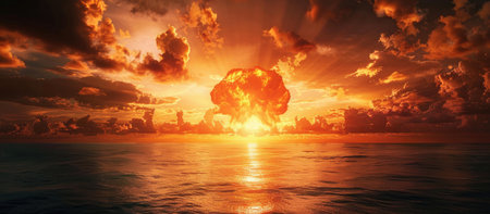 3D illustration of a nuclear explosion over the sea at sunset.の素材