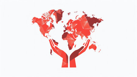 International Day of Charity. Hand holding a red world map with white background, vector illustration.の素材