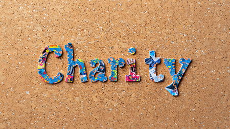International Day of Charity. Charity word in multi-colored letters on a cork board.の素材